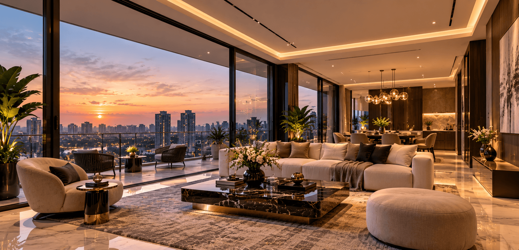 Luxury living room with floor-to-ceiling windows overlooking the Ghaziabad skyline at sunset