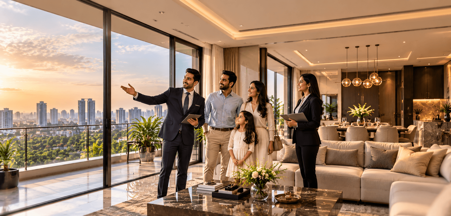 SpaceEzy agent showing a luxury apartment to a family during a site visit
